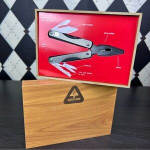 NWT Multi Tool Stainless Steel Pliers Knife Set New in Faux Wood Box Greatland